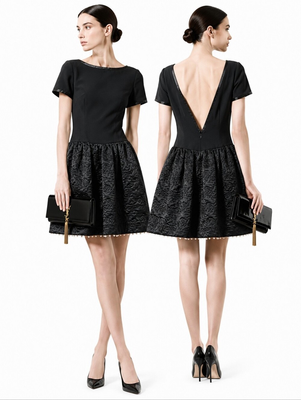 Vintage Bill Blass Evening Black Embroidered Fit Flare Dress Crinoline Pom USA